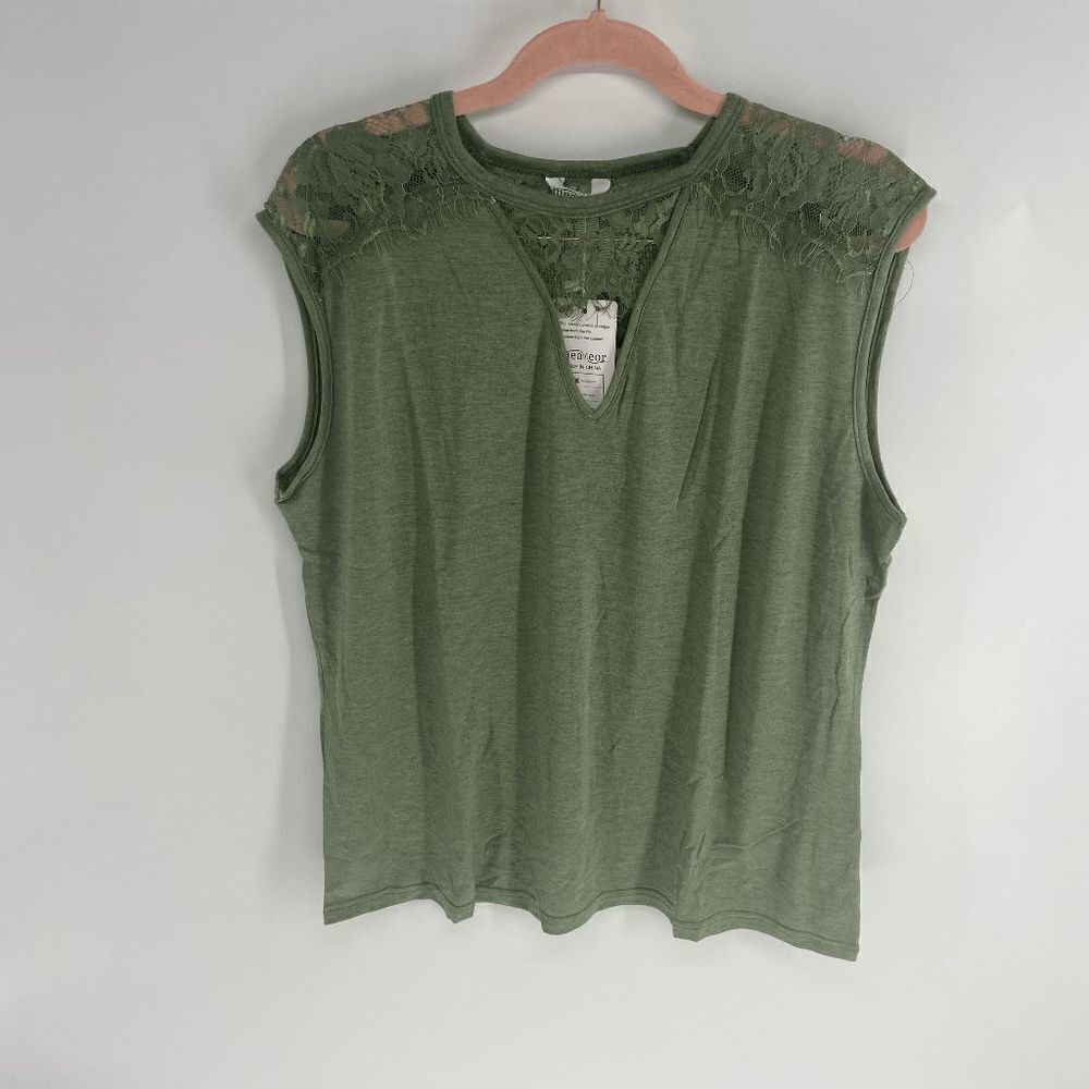 Meaneor Women's Green Lace Deep V-Neck Keyhole Sleeveless Blouse Size XXL NWT